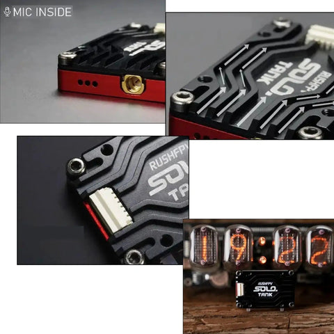 Close-up of 5.8G VTX Video Transmitter 1.6W High Power With Built In Microphone, showcasing heat dissipation tech and CNC shell.