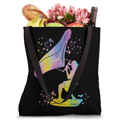 Wing Foil Wingsurfing Colorsplash Man Wingboard Tote Bag For Wingfoil Fans And Coaches Watercolor Splash Design Dope 16 By 16 Inches Beach Gear For Wingboarding Enthusiasts with groceries inside.