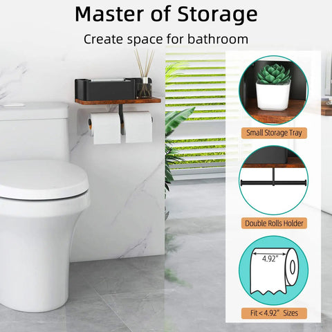 Toilet Paper Holder With Shelf Dual Roll And Wipes Dispenser for Bathroom Wall Mounted Storage Black Metal and Solid Wood.