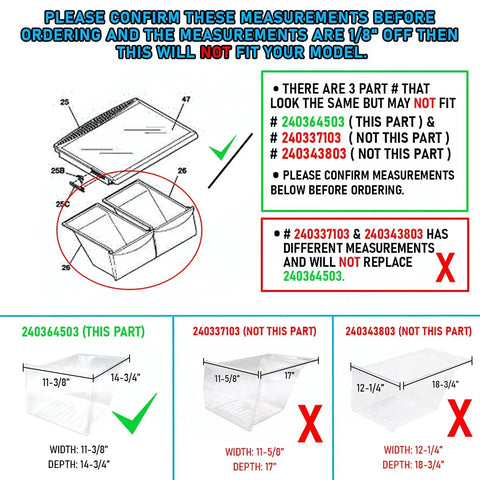 Replacement Meat Pan Crisper Bin For Frigidaire Refrigerators Fits 240364503 AP2116109 240364502 dimensions and warning chart