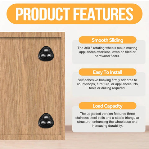 Wooden panel showing 12 Pack Self-Adhesive Caster Wheels For Small Kitchen Appliances Like Coffee Makers, Blenders, Mixers And Air Fryers