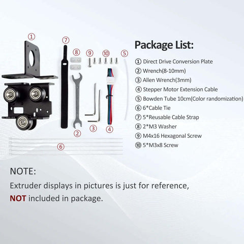 Direct Drive Upgrade Bracket Kit For Ender 3 V2 Pro And Ender 3 with hardware components layout and package list displayed.