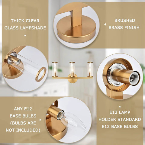 Brushed Gold 3 Light Vanity Light Fixture For Bathroom And Hallway Brass Bath Lighting With Glass Cylinders details view