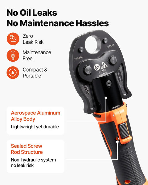 VEVOR 18V Cordless Electric PEX Pipe Press Crimping Tool with aerospace aluminum alloy body and maintenance-free sealed structure.
