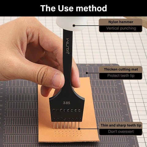 Leather Hole Punch Kit With 3 Interchangeable Modes For Round Holes And Lacing Stitching showing use on leather with mat