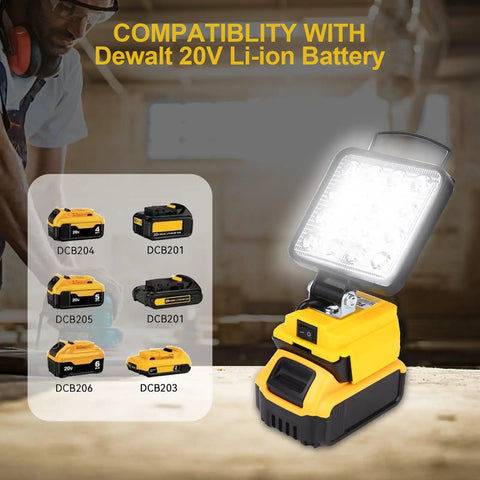 Rechargeable LED Work Light 100W Beast Bright Floodlight with Stand next to Dewalt 20V battery compatibility chart