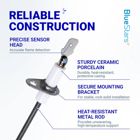 Ultra Durable 52W29 Furnace Flame Sensor Replacement showcasing ceramic porcelain and metal rod with mounting bracket.