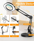 Diagram of 10X Magnifying Glass With Light And Stand showing flexible design and dimensions with adjustable angles and LED light