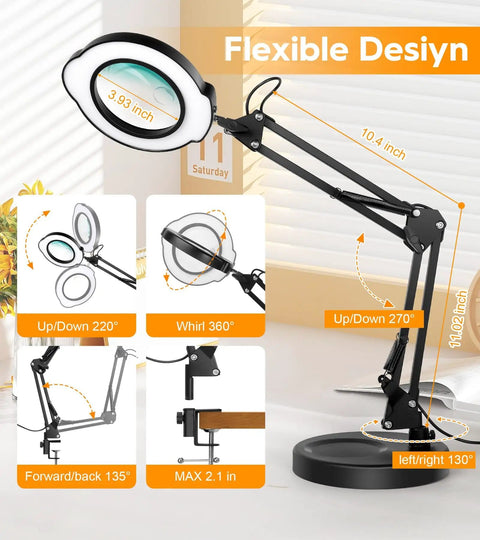 Diagram of 10X Magnifying Glass With Light And Stand showing flexible design and dimensions with adjustable angles and LED light