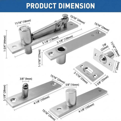 Hidden Pivot Door Hinge Set For Secret Bookshelf Doors 304 Stainless Steel Heavy Duty 220 Lb Per Set dimensions shown.