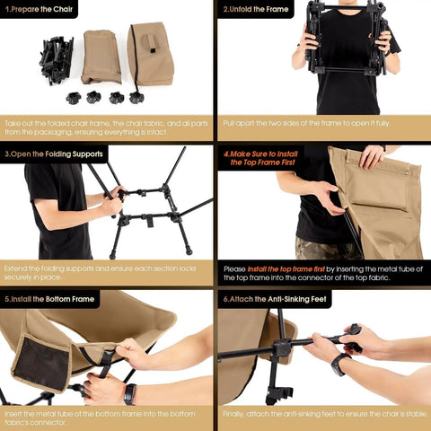 Step-by-step assembly of High Back Folding Camping Chair With Three-Position Height Adjustment and Anti-Sinking Feet.