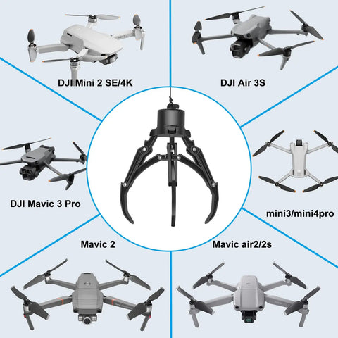 Upgrade Your Drone Game With This Awesome Universal Claw Grabber for DJI Drones Smart Manipulator Tool shown with various DJI drones.