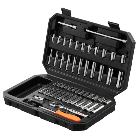 One Quarter Inch Drive Socket And Ratchet Set, 54-Piece SAE And Metric 6-Point Deep And Standard Sockets With Storage Case