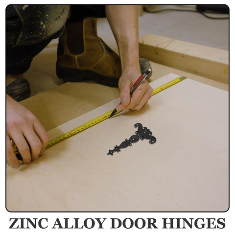 Measuring wood panel with tape next to Vintage Style Black Zinc Alloy Tee Door Hinges 2 Pack Slip Joint Lift Off