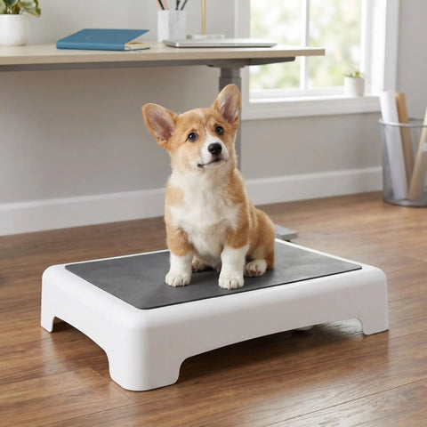 Portable Dog Training Platform With Non Slip Surface And Absorbent Pad For Small Breeds 17x13x3.4 Inches puppy sitting indoors