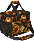 Insulated Picnic Backpack and Lunch Box Set With Spacious Tote Pumpkin Sunflower Theme, front view showing design and mesh pockets.
