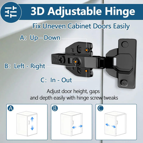 3D adjustable diagram of 4 Pack Frameless Soft Close Cabinet Hinges With 110 Degree 3D Adjustable Concealed European Design