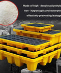 Straight Up Heavy Duty Modular Spill Containment Berm Platform With Ventilated Nonslip Grating For Warehouse Safety showing yellow and black polyethylene construction.