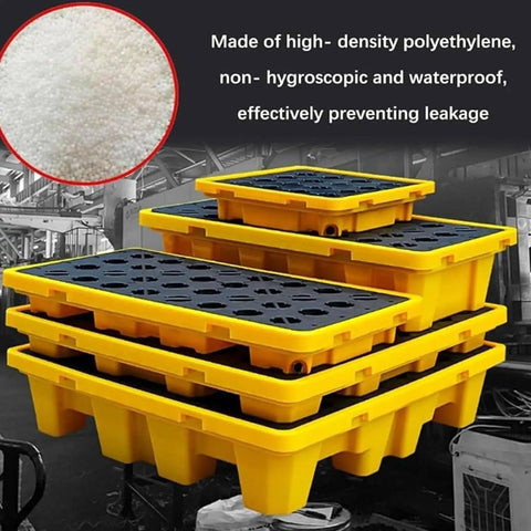 Straight Up Heavy Duty Modular Spill Containment Berm Platform With Ventilated Nonslip Grating For Warehouse Safety showing yellow and black polyethylene construction.