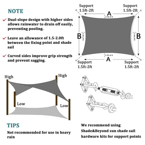 Heavy Duty 20 by 24 Foot Rectangle Shade Sail in Dark Gray diagram with installation tips and hardware recommendations.