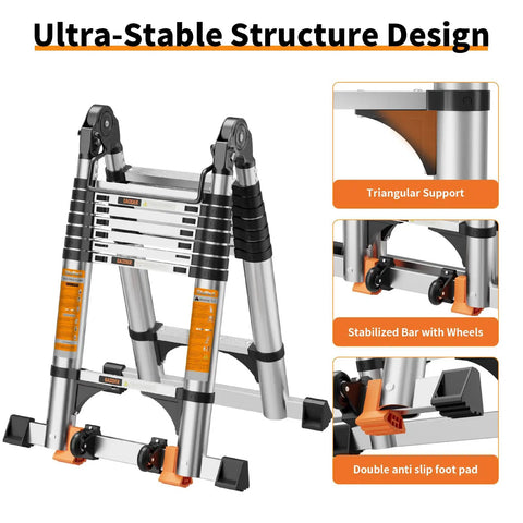 Pro Grade Telescoping A Frame Ladder 16.5 Foot With Dual Locks And Triangular Stabilizers, ANSI EN131 Safety Certified, 330 lbs Capacity, Wide Anti Slip Rungs, Reinforced Feet For Rock Solid Stability On Every Step. Folded aluminum ladder with wheels