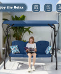 800LBS Capacity Patio Swing With Canopy, 3 Seat Outdoor Porch Swing On Stand, backyard setting, blue cushions, cup holder