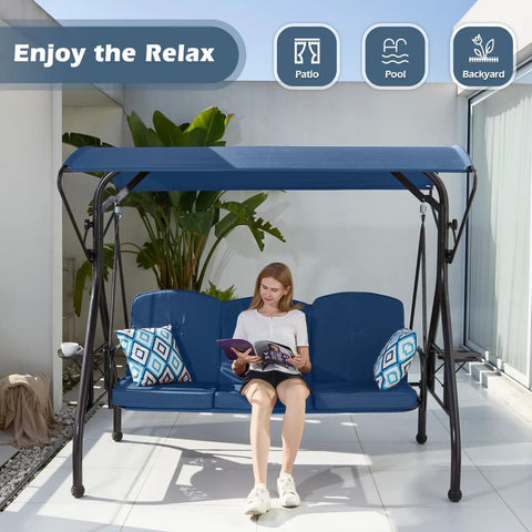 800LBS Capacity Patio Swing With Canopy, 3 Seat Outdoor Porch Swing On Stand, backyard setting, blue cushions, cup holder