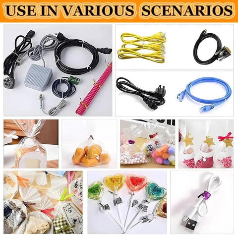 Dead Simple Automatic Twist Tie Machine With Five Shiny Gold Metallic Wire Rolls for securing grocery and toy bags