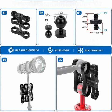 Double Pack 1 Inch Ball Clamp Set For Underwater Camera Tray And Dive Light Mounts Aluminum Butterfly Clip Display