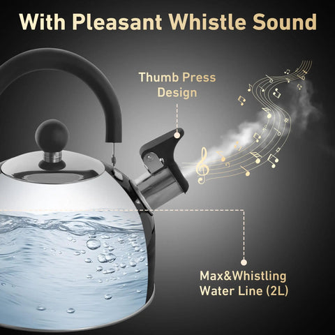 2 Quart Stainless Steel Whistling Tea Kettle For Stovetop No Fuss Quick Boil With Spill Proof Lid Works On Gas Electric Glass And Induction Ideal For Home Dorm Apartment Black with water level and whistle design
