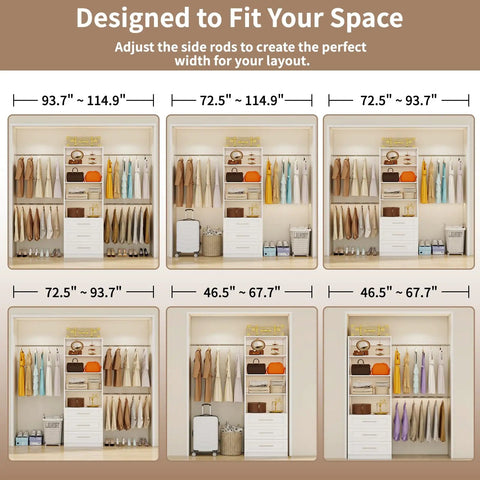 Slick Modular Closet Organizer System With Hella Flexible Span Up To Nine Feet showing adjustable rod widths for personalized layouts.