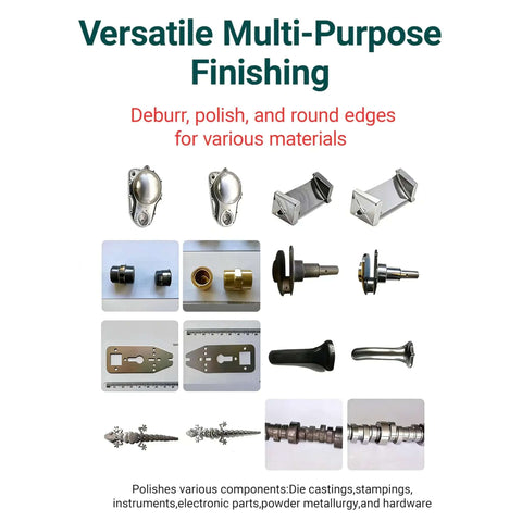Image showing various metal components that can be finished using a 40L Vibratory Finishing Machine With Variable Frequency Drive And 550W Copper Motor Pro Grade Polyurethane Lined Tumbler For Metal Deburring Chamfering And Finishing Ideal For Auto Parts Bearings And Hardware Polishing 220V.