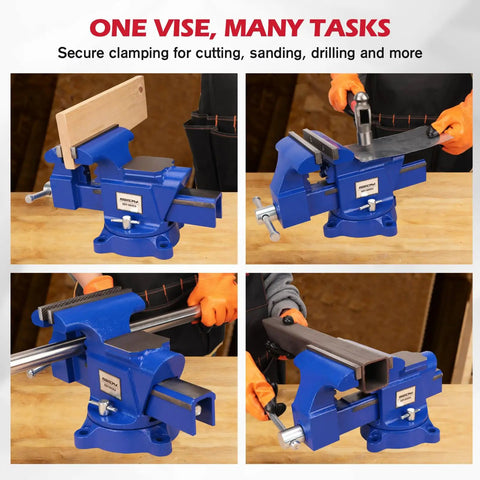 Heavy Duty 6 Inch Bench Vise With Jaw Pads And Anvil For Woodworking Drilling And Pipe Cutting 360 Degree Swivel Locking Base