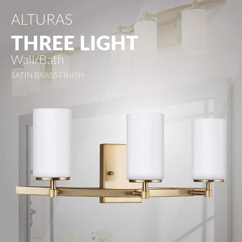 Alturas Three Light Vanity Fixture For Wall And Bath In Satin Brass Sleek 22 Inch Wide 9.1 Inch Tall Steel Construction 100 Total Watts Dimmable With A19 Bulbs Sold Separately