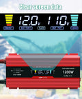 Heavy Duty 1200W Car Power Inverter Cranks Out DC 12V To 110V AC With Tough Steel Shell And Crisp LCD Display Panel showing battery and output data.