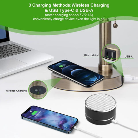 Glass Banker Desk Lamp With Rotatable Glass Shade Retro Modern featuring USB and wireless charging with premium metal base