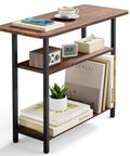 Tiny Footprint 3 Tier End Table With Wide Storage Surface For Small Spaces Rustic Brown Narrow Side Table For Living Room Sofa Arm Bedroom Nightstand And Home Office showing multiple storage uses with books and decor items.