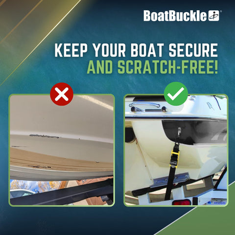 Comparison of boat hull with and without Pro Series Kwik Lok Boat Tie Down Straps For Trailers With Boat Pads, showing scratch prevention.