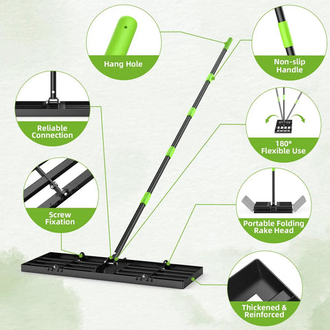 Lawn Leveling Rake 30x10 Built Tough With Anti Flip Design, features adjustable 76-inch handle, hang hole, and non-slip grip.