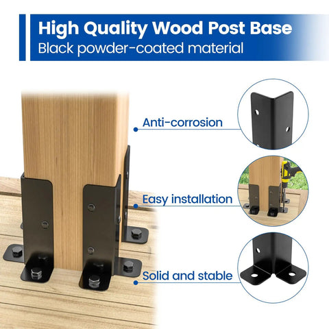 4 Pack Adjustable Post Base Brackets For Wood Posts 1.5x1.5, 2x2, 2x4, 4x4 showing black powder-coated steel installation