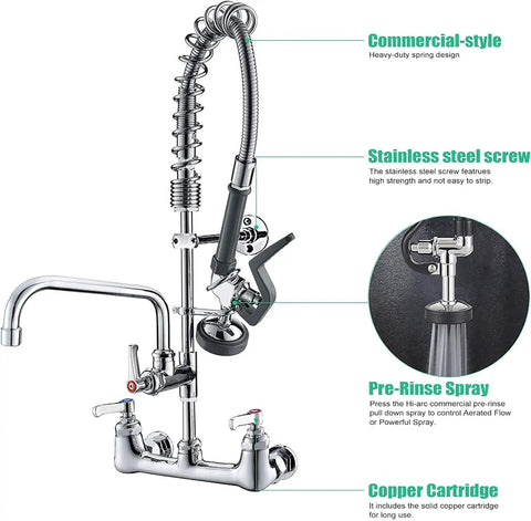 Robust Wall Mount Kitchen Sink Faucet With A Slick Polished Chrome Surface And High Pressure Pre Rinse Sprayer close-up view.