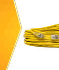 12-Gauge Extra Heavy Duty 100 Ft Outdoor Extension Cord With Cord Clip Yellow 3 Prong SJTW Water Resistant Vinyl Jacket Reinforced Blades