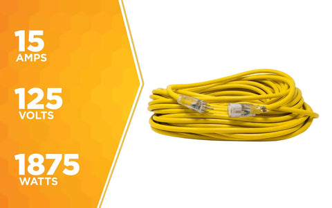 12-Gauge Extra Heavy Duty 100 Ft Outdoor Extension Cord With Cord Clip Yellow 3 Prong SJTW Water Resistant Vinyl Jacket Reinforced Blades