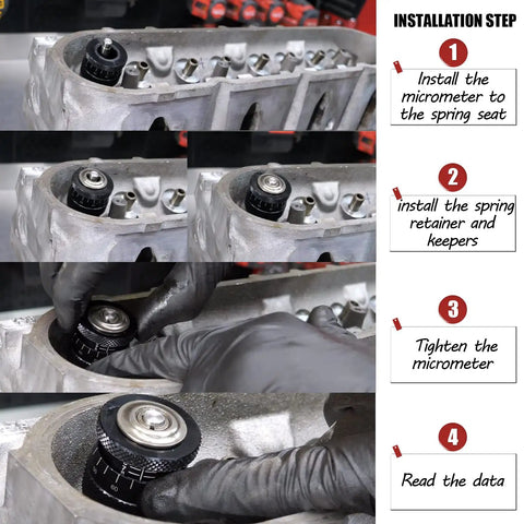 Valve Spring Height Micrometer Tool For Most V8 Engines in black aluminum construction being installed, four-step guide visible.