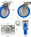 Tough As Nails Five Inch Stainless Steel Casters Smooth As Butter Polyurethane Wheels showing dimensions and design.