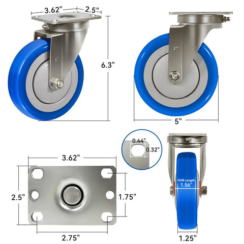 Tough As Nails Five Inch Stainless Steel Casters Smooth As Butter Polyurethane Wheels showing dimensions and design.