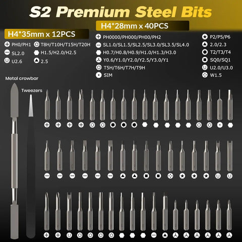 S2 Premium Steel Bits from the Cordless 57 In 1 Magnetic Precision Screwdriver Set With Adjustable Torque And LED Light Rechargeable Repair Tool Kit