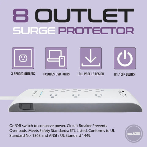25 Foot USB C And USB A Surge Protector Power Strip With 8 Outlets 4200 Joules Heavy Duty Overload Protection Flat Plug Design