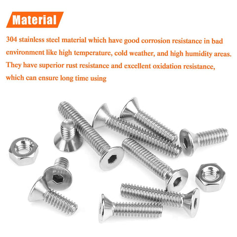 56-Piece 1/4-20 Countersunk Socket Head Cap Screws and Hex Nuts Kit, 304 Stainless Steel, Corrosion-Resistant Fasteners, 5 Lengths laid out on a surface.