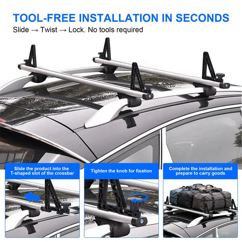 Heavy Duty T Slot Load Stops Lock Your Rig Down Tight On Truck Bed Bars showing tool-free installation on a car roof with cargo.